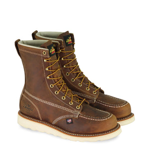 American Heritage 8″ Trail Crazyhorse Moc Toe Work Boots - A pair of durable brown leather work boots with a moc toe design.