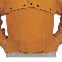 Best Welds Leather 14" Bib #Q-3  This leather bib works in combination with the leather cape and sleeves for added protection when you need it.  Button snaps for quick removal or attachment, comes in a golden brown color to match the cape and sleeves. It is heat and abrasion resistant. Length is 14". Imported.