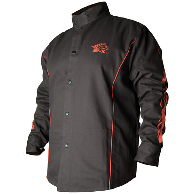 Black Stallion BX9C BSX® Contoured FR Cotton Welding Jacket, Black with Red Flames - Ironworkergear