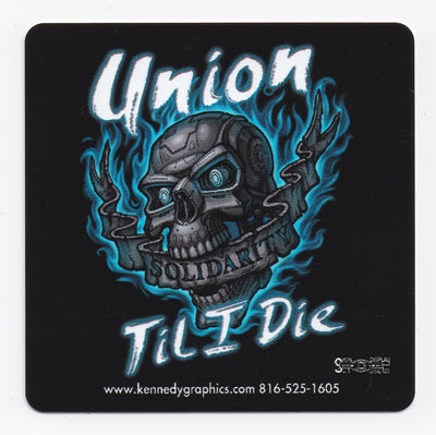 'Union Til I Die' Skull w/Blue Flames Hard Hat Sticker #S108 - Ironworkergear