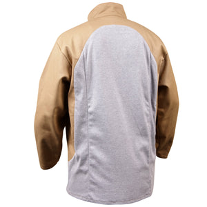 Stretch-Back FR Cotton Welding Jacket, Tan with Gray Stretch Panel - Ironworkergear