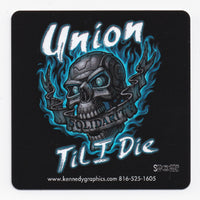 Union Til I Die Skull w/Blue Flames Hard Hat Sticker #S108 - Ironworkergear