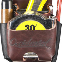 Occidental Leather Part #5522  4 times the tool capacity in the belt space of one holder. Holders for tape, lumber crayon or screw driver, pencil, plus, it features a FREE 2003 Oxy Tool Shield™ for sharp tools such as chisel or work knife. Designed for professionals and weekend warriors. Extra heavy duty steel clip accommodates up to 2" belt. Sturdy American leather ensures years of endurance in the field.