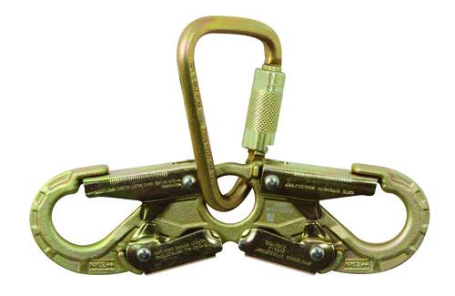 FallTech Part #8457  Dual-gate hook attaches to User's Hip D-rings for Work Positioning applications. Integral captive-pin carabiner connects to User-supplied positioning hook. 8½" width inside hooks and 4" length with carabiner from center eye. Plated Alloy Steel Hook and Carabiner with 5,000 lbs Min Tensile Strength. 3,600 lbs Gate Strength on both hook and Carabiner gates. Meets ANSI Z359.12-2009 OSHA 1926.502.
