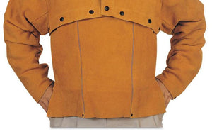 Best Welds Leather 14" Bib #Q-3  This leather bib works in combination with the leather cape and sleeves for added protection when you need it.  Button snaps for quick removal or attachment, comes in a golden brown color to match the cape and sleeves. It is heat and abrasion resistant. Length is 14". Imported.