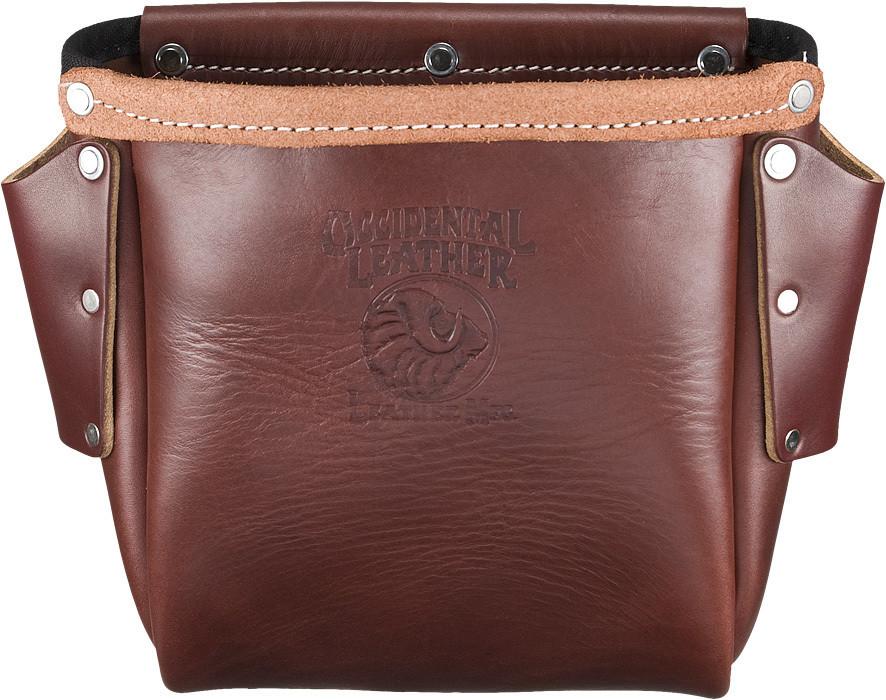 Occidental Leather Part #9920      Pro Leather™ construction bolt bag with bull-pin loop on each side.     Tunnel loop on back accepts up to 3" work belt.     Pockets & Tool Holders: 3     Weight: 1.3 lbs.     Main Bag: 9" x 8.5"