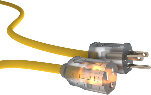 KingWire Outdoor Extension Cord  KINGWIRE carries a full line of extension cords 12/3 (gauge/cond) SJTW in 25, 50, and 100 foot lengths. This extension cord comes in 15 Amp, and most have a light up female end for easy use. Outer jacket is water, grease, oil and chemical resistant for safety.