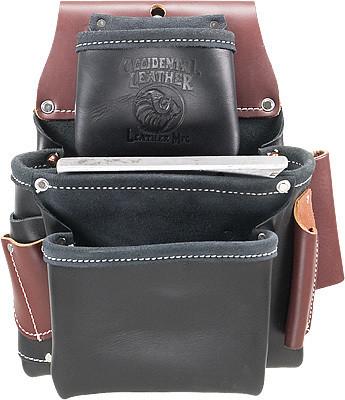 Occidental Leather Part #B5060  Holders for 1” blade square, angle square, cat’s paw loop, driver bits, etc. Pockets & Tool Holders: 9 Weight: 2.1 lbs. Main Bag: 9" x 8" Outer Bag: 7" x 6" Upper Bag: 4.5" x 4.5"