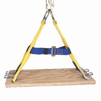      12" x 24" Platform of 1" Laminated Plywood     4 point nylon suspension system, D-ring attachment point     Waistbelt, two bucket snaps each end for attaching equipment     Universal Size  Materials: Laminated Marine Plywood Polyester and Nylon web  Type Use: Industrial / Construction / General / Tower  Man-Rating Man-rated to 310 lbs  Meets: Current OSHA Regulations