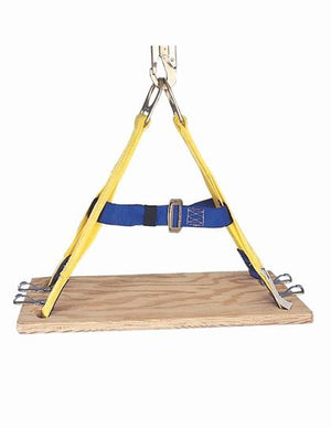      12" x 24" Platform of 1" Laminated Plywood     4 point nylon suspension system, D-ring attachment point     Waistbelt, two bucket snaps each end for attaching equipment     Universal Size  Materials: Laminated Marine Plywood Polyester and Nylon web  Type Use: Industrial / Construction / General / Tower  Man-Rating Man-rated to 310 lbs  Meets: Current OSHA Regulations