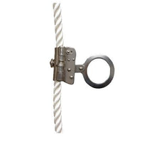 Elk River Part #19260  5/8" or 3/4" Trailing Rope Grab. Connectors: 2" ring. Anti-Inversion, Dual Size. Designed for use with 5/8” or 3/4” 3-strand synthetic rope. Anti Inversion gravity device built-in to alert up-side down installation. ANSI A10.32-2004; ANSI Z359.1-2007